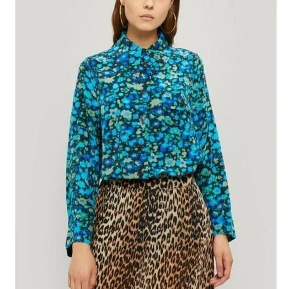 Ganni Floral Blouse in Azure Blue - Picture 1 of 16